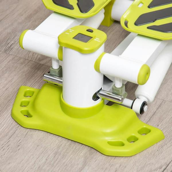 Close-up of yellow platform, white support bars, and anti-slip pedals