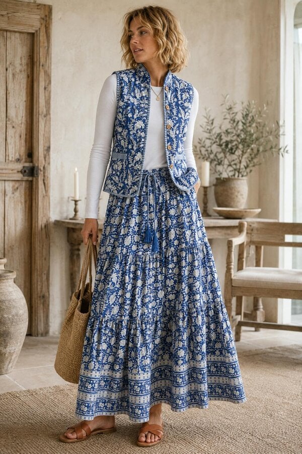 Soul Of Sita Blue LAVINIA woodblock printed waistcoat with contrast stripe lining