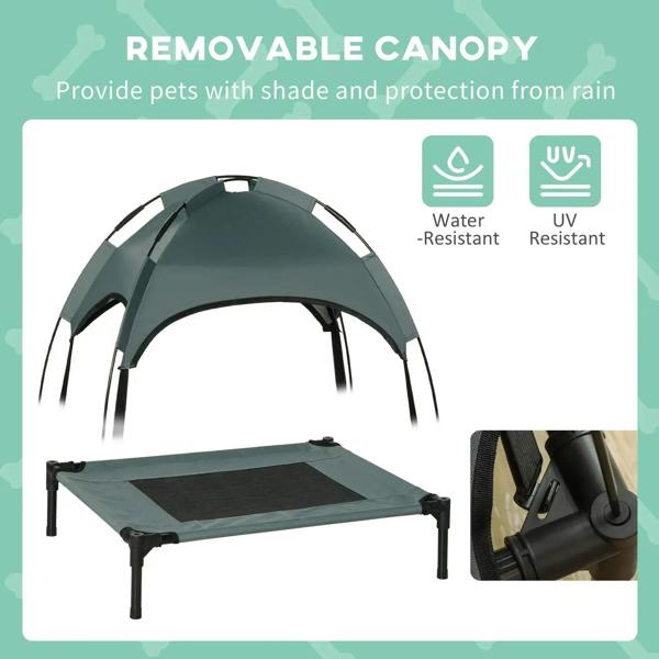 Grey elevated pet bed with removable canopy for shade and weather protection