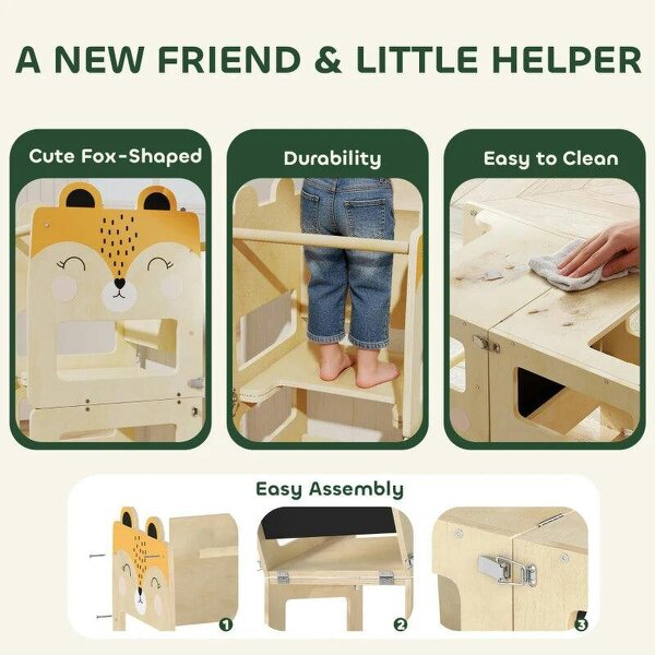 Toddler Step Stool, Standing Tower with Chalkboard, 3-in-1 Fox-Shaped Step Stool for Kitchen Counter, Natural