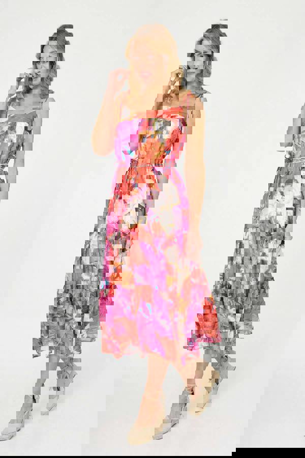 Pink | Floral Tie Strap Tiered Midi Dress