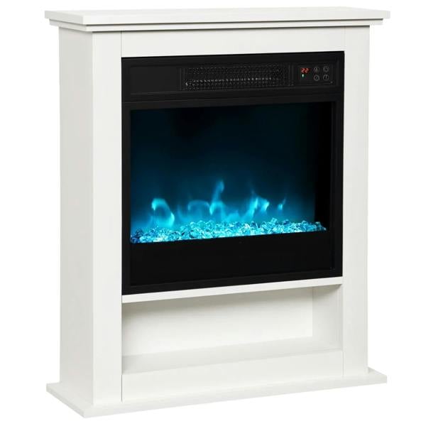 White electric fireplace with faux flame and glowing ember bed, built-in mantel surround