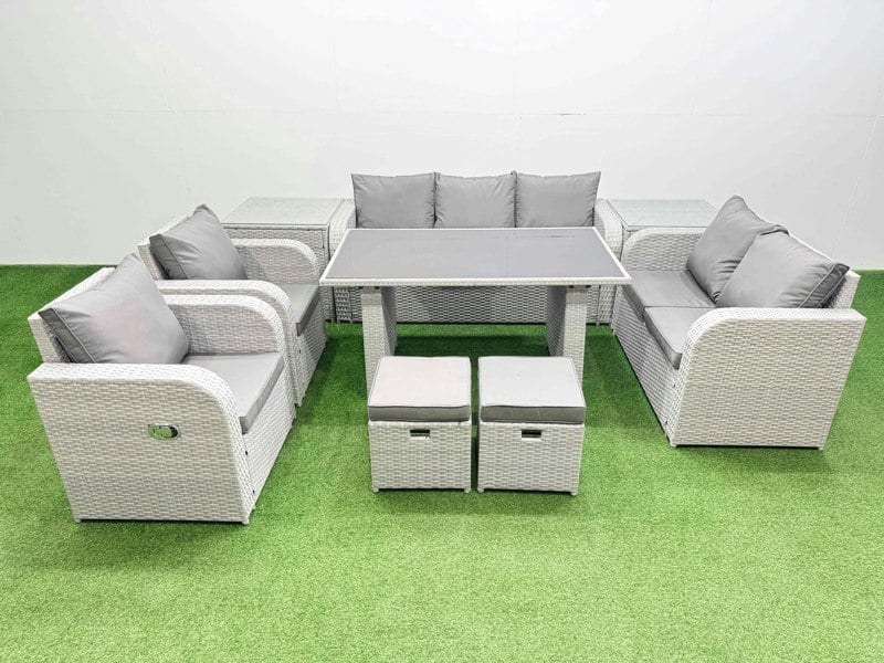 Fimous 9 Seater Garden Furniture Set PE Rattan Garden Sofa Set with Rectangular Dining Table 2 Small Stools 2 Side Tables Light Grey
