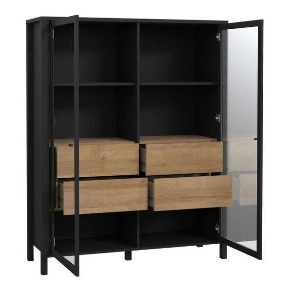 Wyld Haus Egtved Black and Natural Oak Wood Effect Large Wide Display Cabinet 2 Doors 4 Drawers