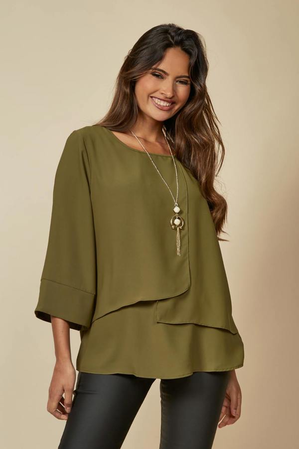 Hoxton Gal Layered Top With 3/4 Sleeves in Khaki with Necklace