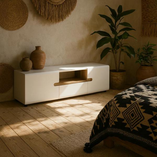 Wyld Haus Foxwhisk Wide TV Media Unit White and Truffle Oak Wood