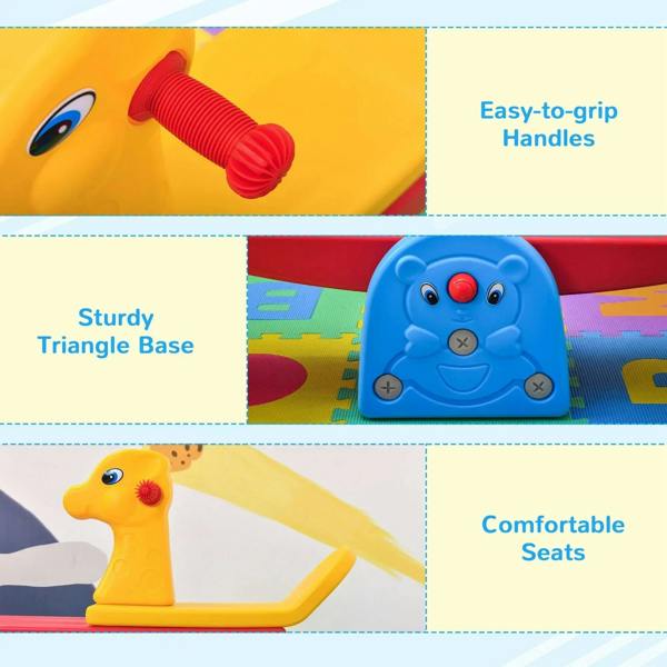 Easy-grip red handle grips, blue bear-face panel, and yellow seat on red base