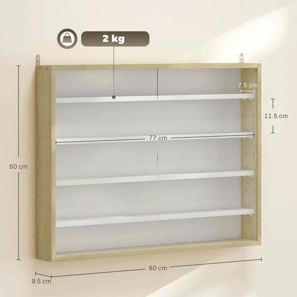 Wall display shelf cabinet with natural wood frame, four adjustable shelves, and size markings