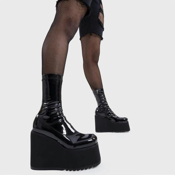 Lamoda Lights Out Black PAT Chunky Platform Ankle Boots Stylish Edgy Fashion