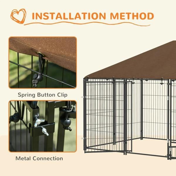 Outdoor dog kennel playpen with brown canopy clips and metal frame connection points