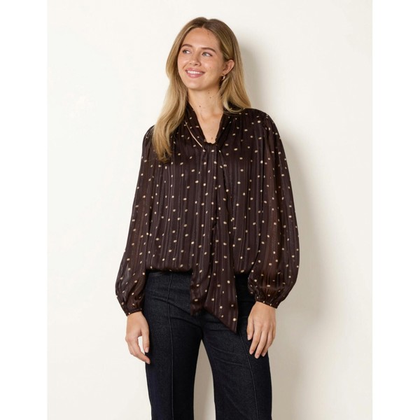 Blue Vanilla Metallic Polka Dot V Neck Tie Puff Ball Blouse