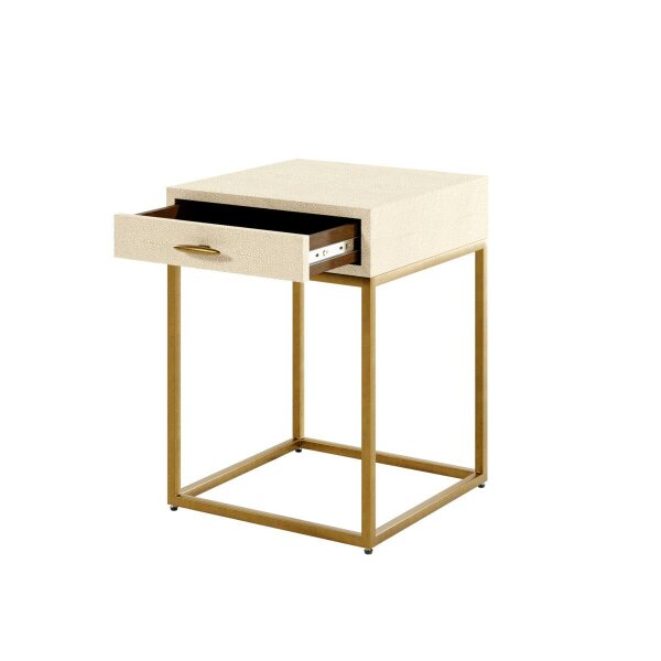 Wyld Haus Belluno Ivory Shagreen and Antique Brass Bedside Table with Drawer