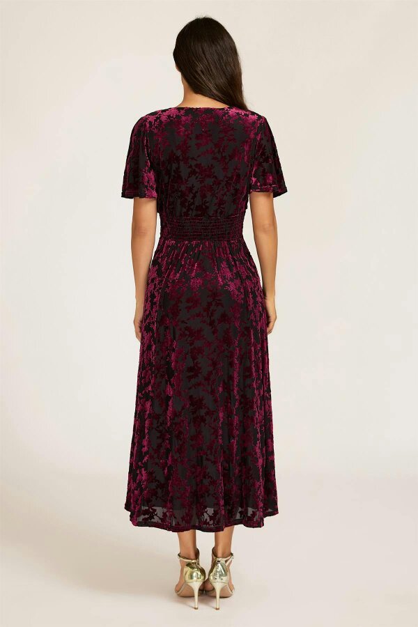 FS Collection Floral Velvet Devore V neckline Dress In Wine