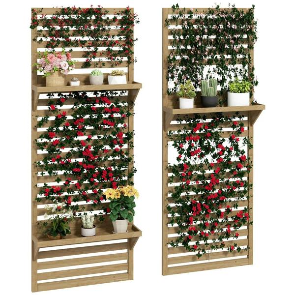Set of 2 wall-mounted fir wood flower stands with slatted trellis and 3 open shelves