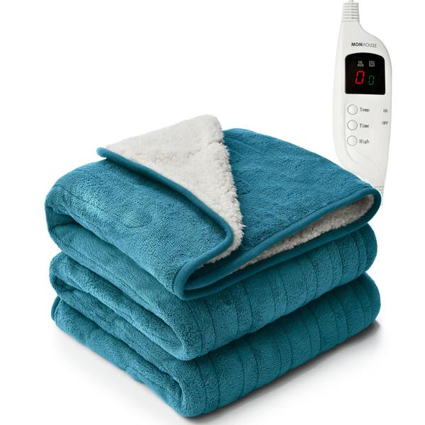 MONHOUSE Heated Electric Throw 9H Timer 9 Heat Setting Shearling Fleece Blanket