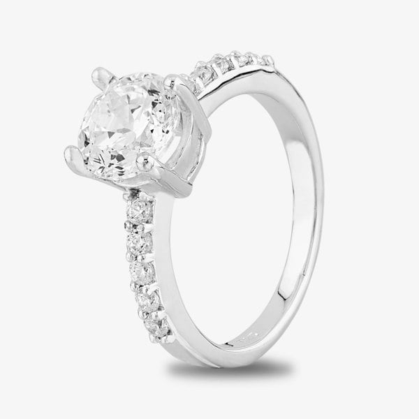 Starbright Silver Four Claw Round Cubic Zirconia Shouldered Ring R6168 3A