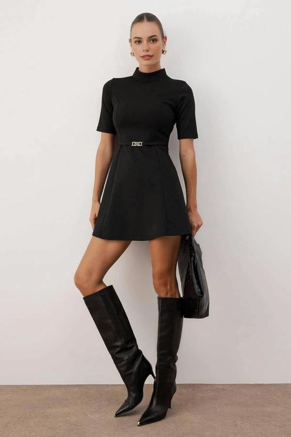 WOVCOR High Neck Belt Detail Skater Mini Knit Dress