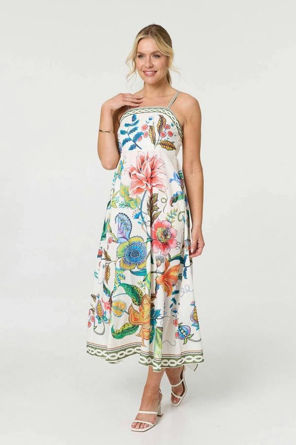White | Tropical Print Cami Strap Maxi Dress