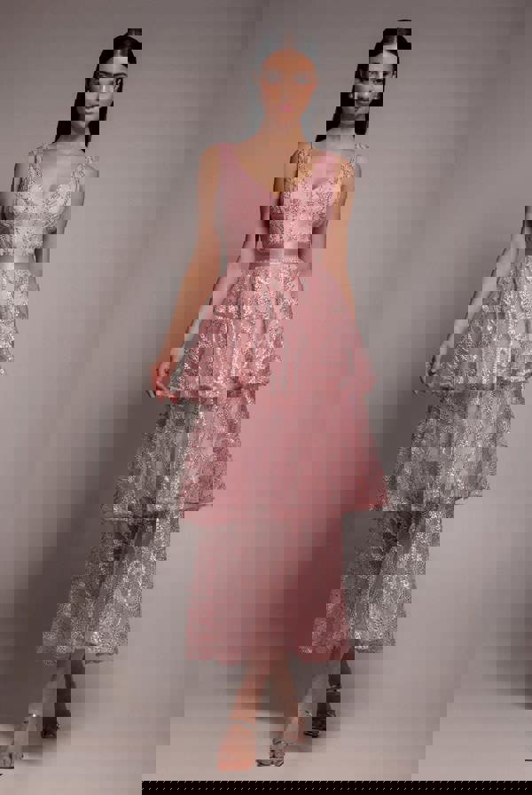 Embroidered Mesh Tiered Midi Dress - Pink DR3812