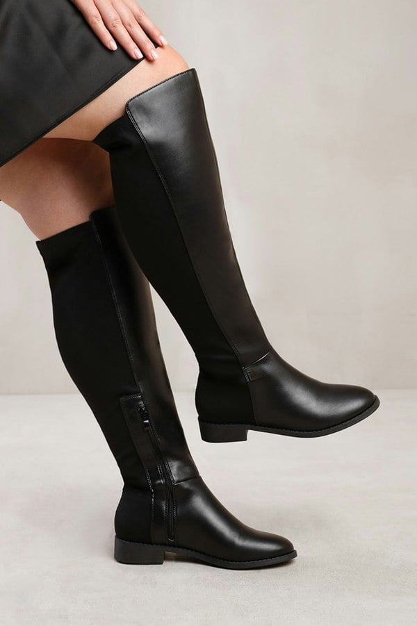 Where's That From Diem Stretch Wide Calf Over the Knee Boots in Wide E Fit in Black Faux Leather