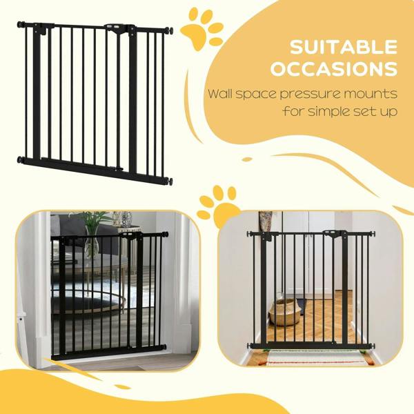 Black adjustable safety gate with pressure-mount wall setup and side supports