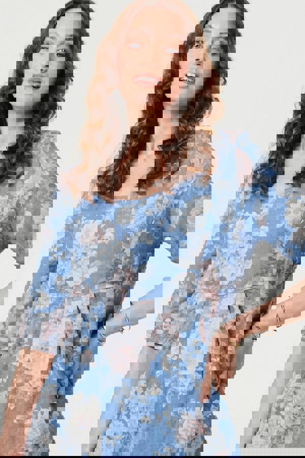 Blue | Floral 3/4 Sleeve Relaxed Short Dress
