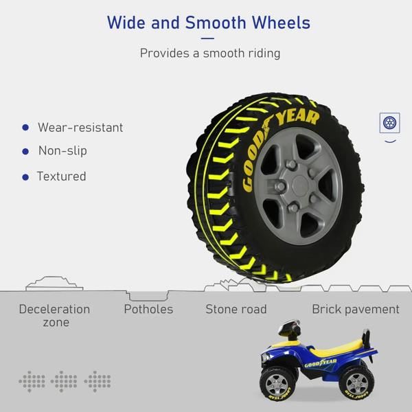 Ride-on quad bike with wide textured non-slip wheels and chunky tread tires