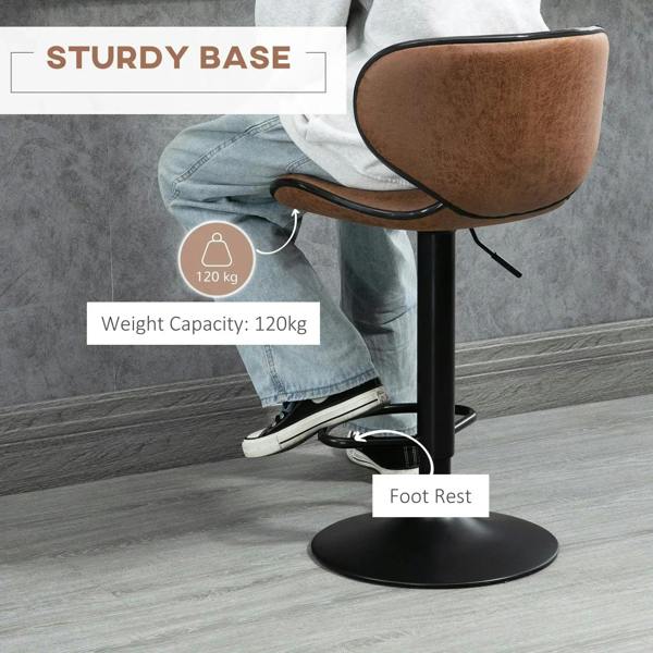 Brown armless bar stool with sturdy base and foot rest, adjustable height swivel seat
