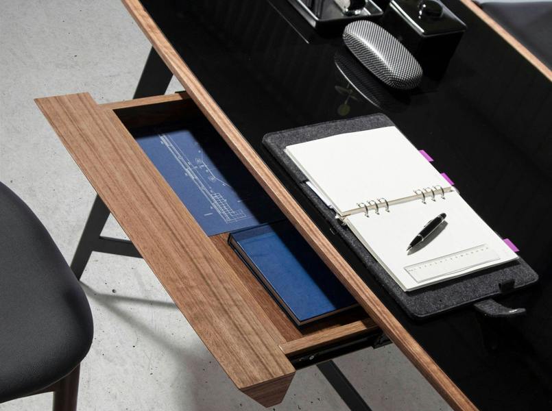 Angel Cerdá Writing desk walnut and black steel with black glass top 3137