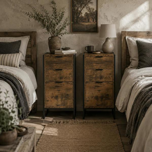 Wyld Haus Naba Metal and Wood Rustic Brown Set Of 2 Industrial 3 Drawer Storage Bedside Tables