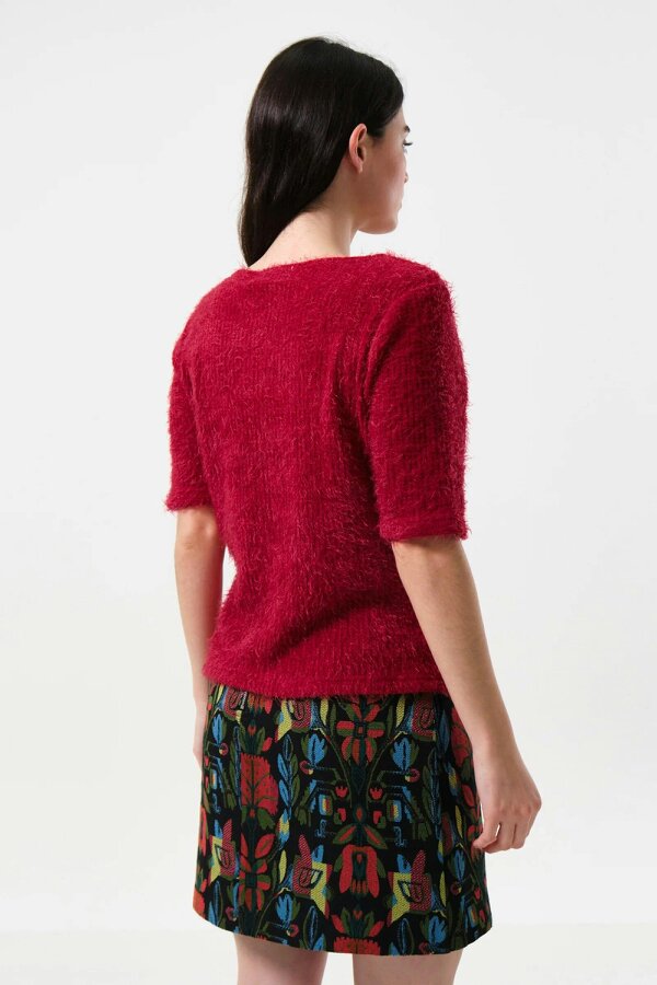 Laureen Eyelash Rib Short Sleeve Jumper - Red