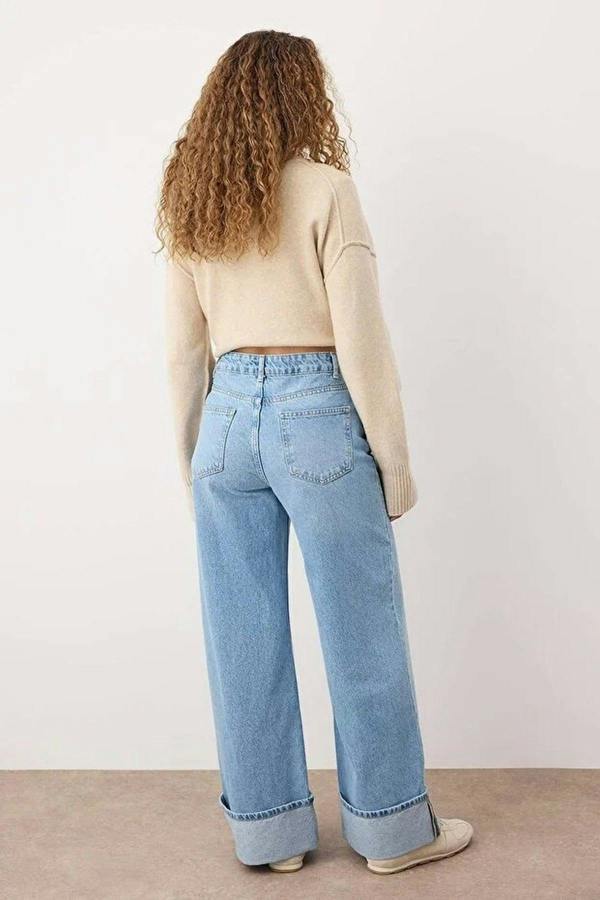 WOVCOR Regular Waist Wide Leg Jeans with Folded Hem
