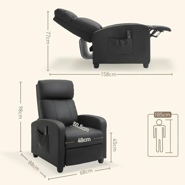 Black faux leather massage recliner chair with side pocket and reclining base
