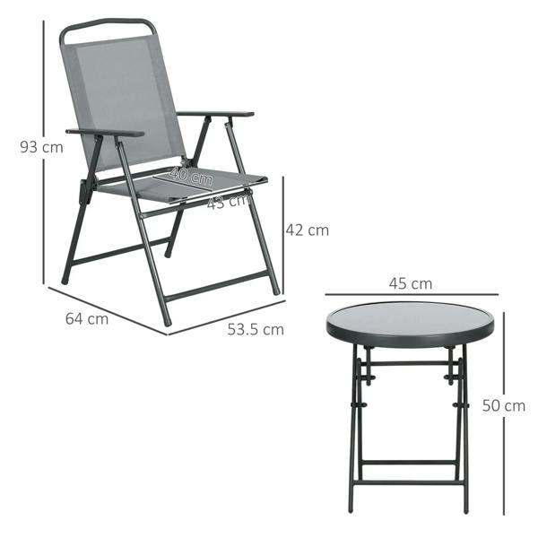 Light grey folding garden chair and round glass-top side table with measurements