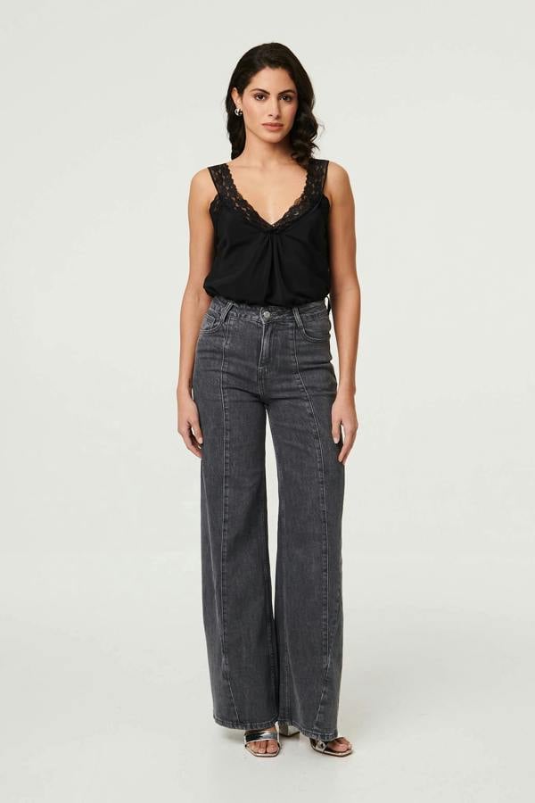 Black | High Waist Seam Front Wide Leg Jeans