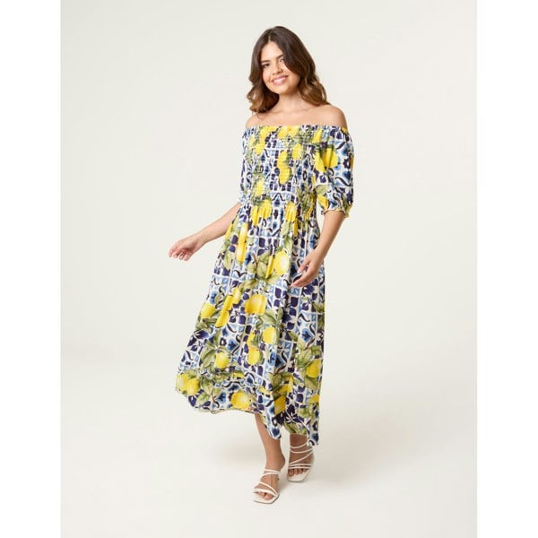 Blue Vanilla Lemon Print Milkmaid Dress