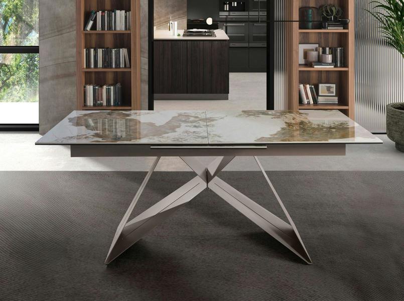Angel Cerdá Rectangular extending dining table in porcelain marble and taupe grey steel 1114
