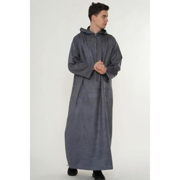 HM12 - Men's Hooded Suede Emirati Omani Zipped Thobe - Grey - Thobez - 19