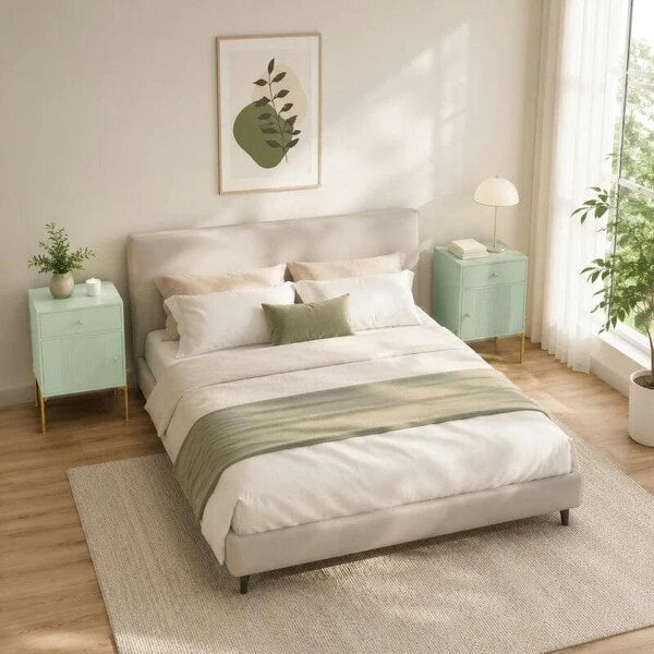 Modern Bedside Tables Set of 2, Side Tables with Drawer and Metal Legs for Living Room, Bedroom, Light Green