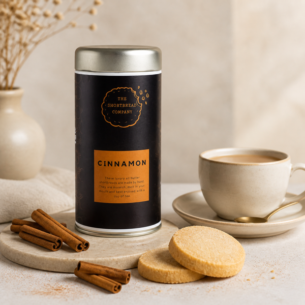 Cinnamon Shortbread tube tin with biscuits, cinnamon sticks and ground cinnamon.