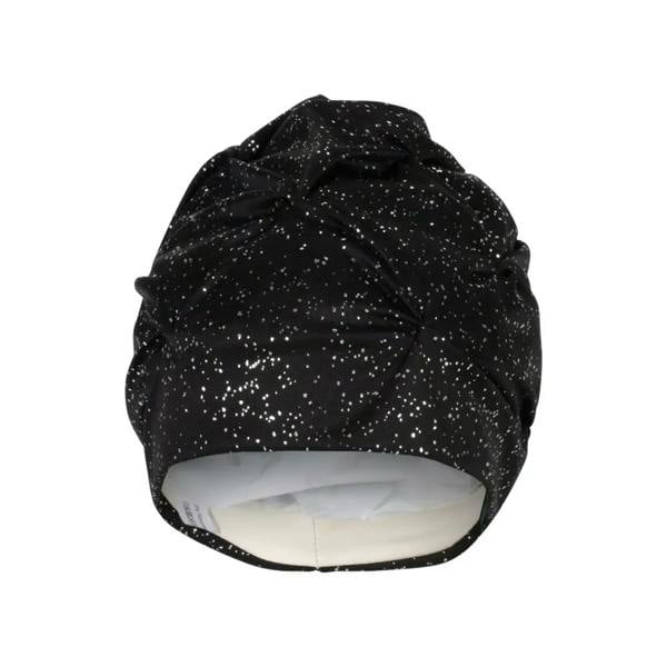 Black glitter fabric swim cap with white speckles, soft beanie hat
