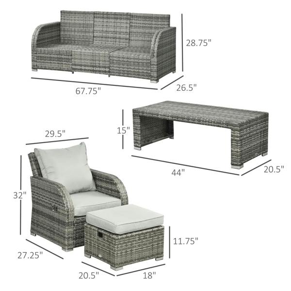 Light grey rattan outdoor seating set components with reclining chair, bench, and ottoman stool