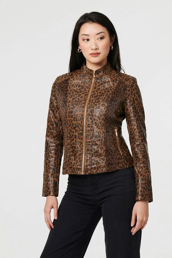 Brown | Animal Print Faux Leather Jacket
