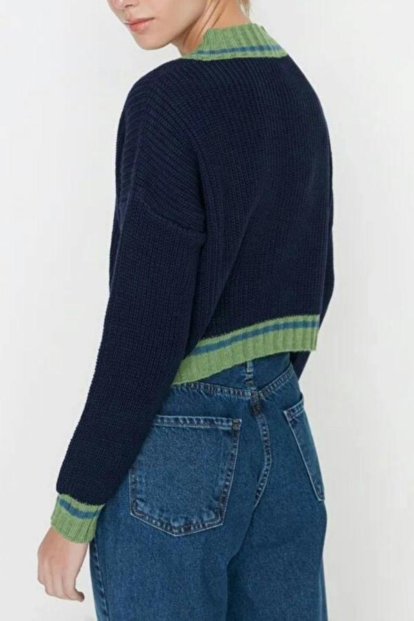 WOVCOR Crop Color Block Knit Sweater