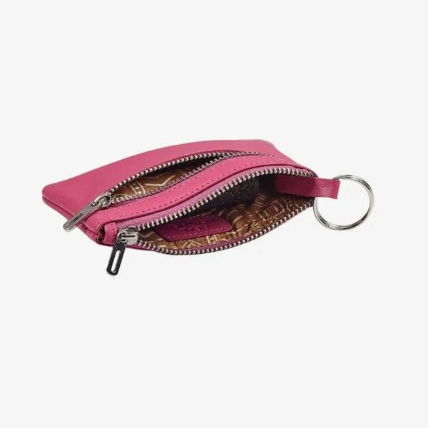 Pink real leather coin pouch with two zipped compartments