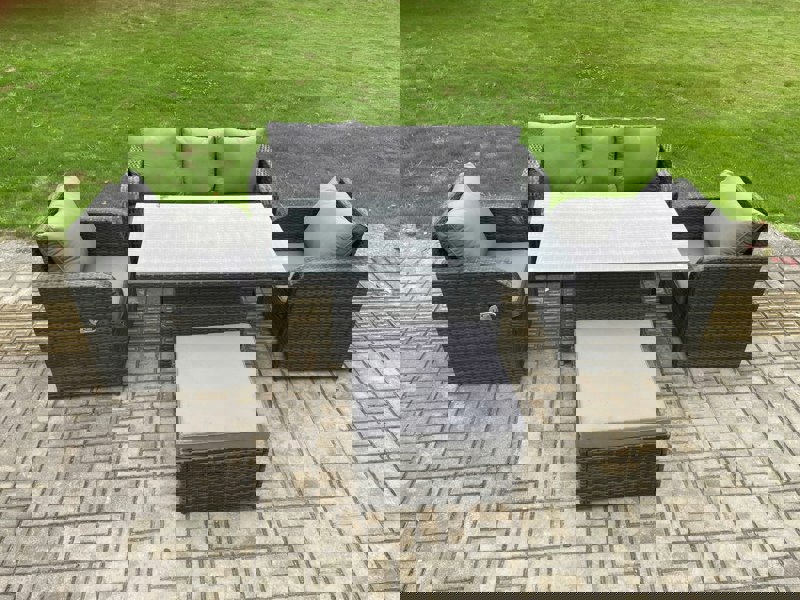 Fimous 6 Seater Rattan Outdoor Garden Furniture Sets Height Adjustable Rising lifting Dining Table Lounge Sofa Set With Big Footstool Dark Grey Mixed