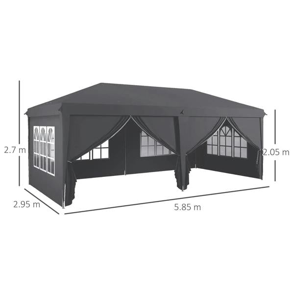 Grey pop-up gazebo tent with window side panels and draped entrance curtains