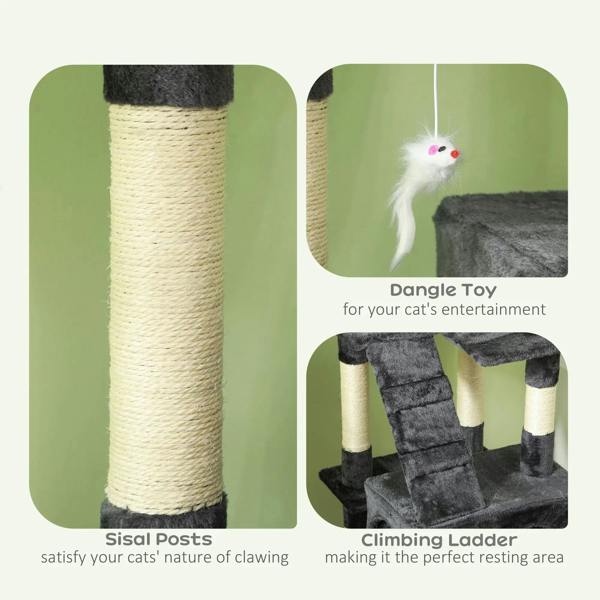 Cat tree with sisal scratching posts, padded climbing ladder, and hanging dangle toy