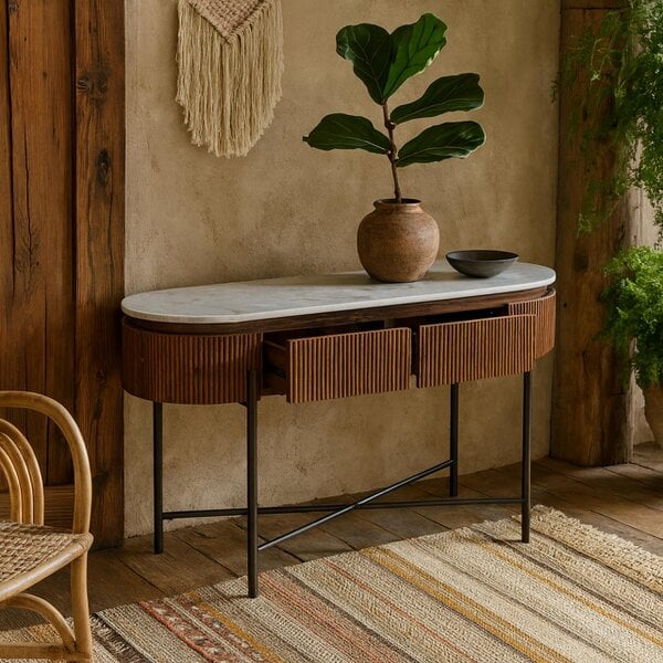 Wyld Haus Alabama Ribbed Mango Wood Console Table With Marble Top and Metal Legs