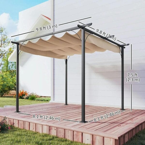 3 x 3(m) Metal Pergola with Retractable Roof, Garden Gazebo Metal Pergola Canopy for Party BBQ, Beige